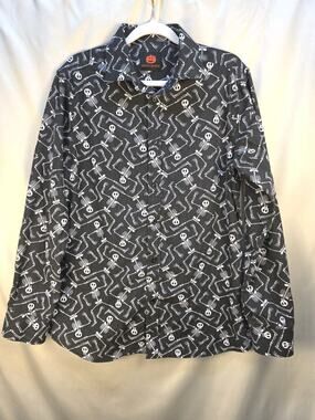 Simon Banks Men's Medium Black Skeleton Button Down Shirt Halloween Polyester